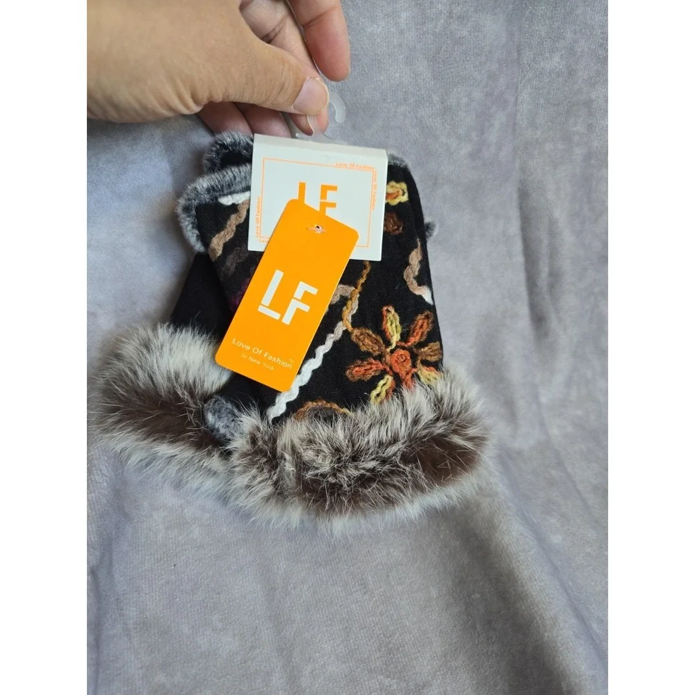 Love For Fashion Fur Trimmed Fingerless Gloves Boho Embroidered Stretch NWT